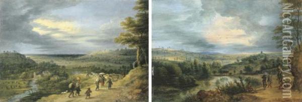 Extensive Landscapes With Travelers On Paths Oil Painting - Lucas Van Uden