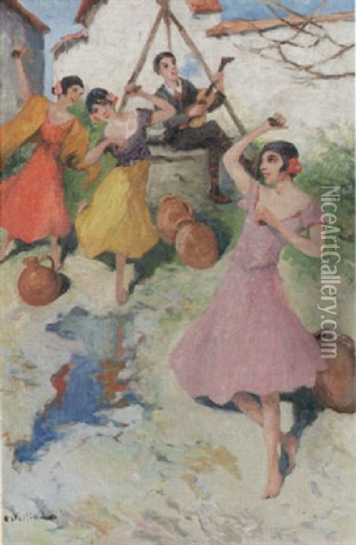 Dansande Spanjorskor Och Gitarrspelare Oil Painting - Allan Erik August Oesterlind