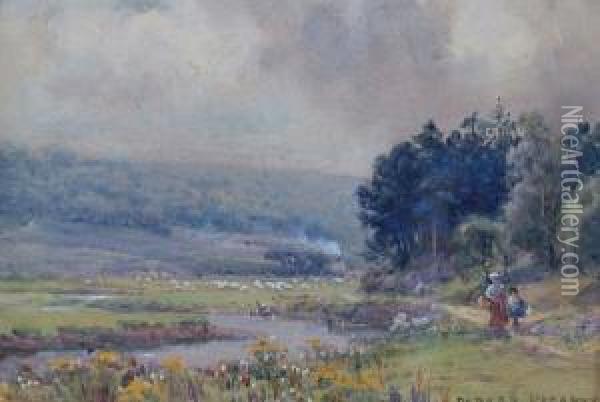 'the Evening Valley', And 
Another 'by The Ogmore River, South Wales', Both Signed; Both Signed And
 Inscribed Verso, Watercolour Oil Painting - Parker Hagarty