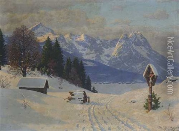 Winterliche Landschaft Mit Blick Auf Das Zugspitzmassiv Oil Painting - Fritz Mueller-Landeck