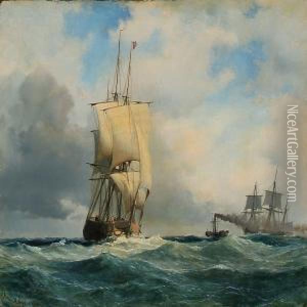 Seascape With Two Sailing Ships And A Steamer Oil Painting - Anton Melbye