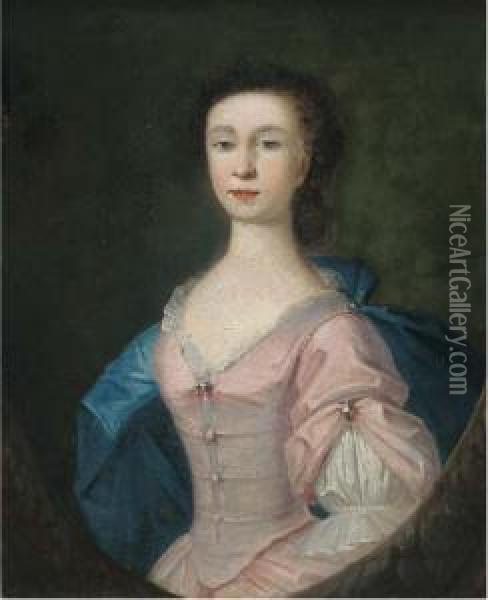 Portrait Of Alice Bill, Half-length, In A Pink Dress And Blue Wrap,in A Feigned Oval Oil Painting - Richardson. Jonathan