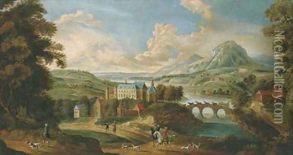 An extensive mountainous river landscape with a castle by a bridge, huntsmen and hounds in the foreground Oil Painting - English School