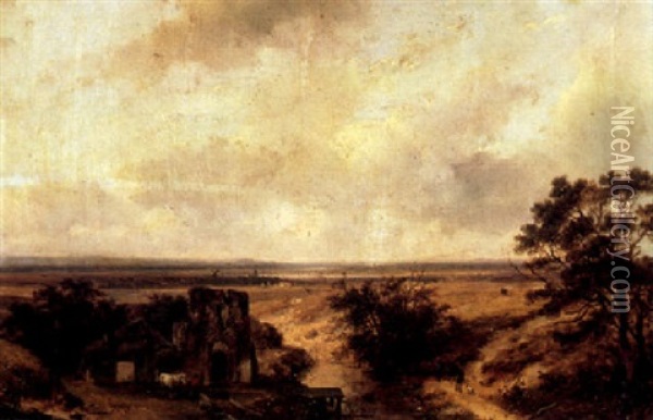 Figures In A Landscape In The East Of Holland Oil Painting - Andreas Schelfhout