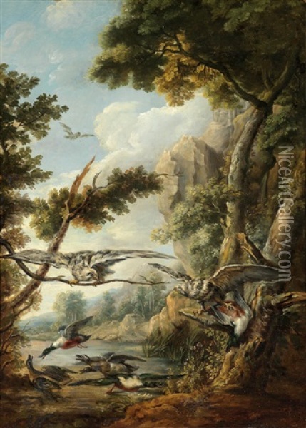 A Landscape With Birds Of Prey And Wild Ducks Oil Painting - Jacques Charles Oudry