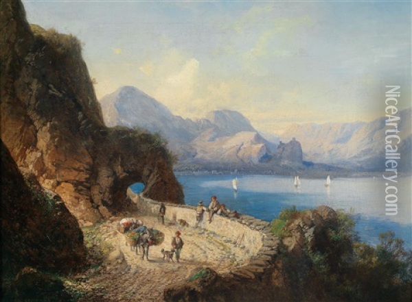 Parthie Der Neuen Strase Von Garda (?) Nach Ponale Am Gardasee, Im Hintergrund Schloss Arco Oil Painting - Karl Millner