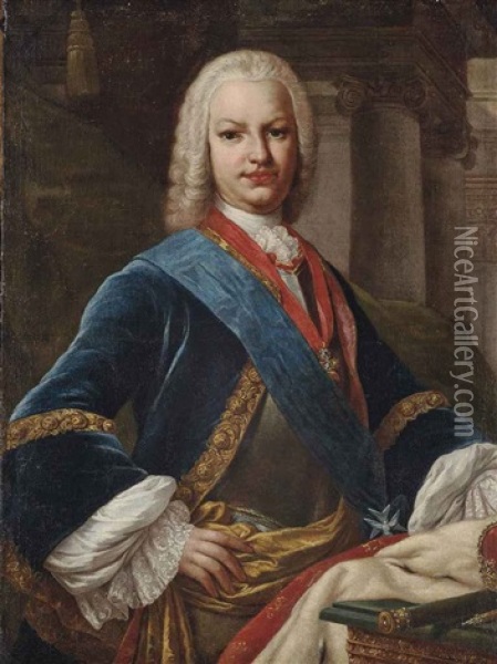 Portrait Of King Ferdinand Vi Of Spain (1713-1759), Half-length, In A Breastplate, A Blue Frock Lined With Gold Embroidery, Wearing A Sash Oil Painting - Jacopo Amigoni