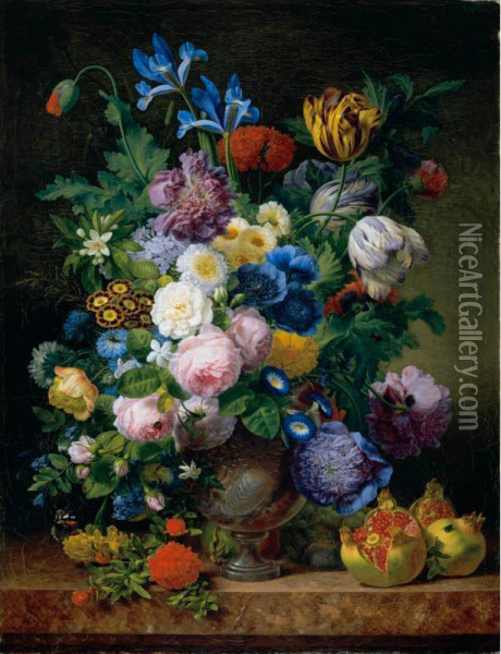 Still Life With Tulips, Carnations, Roses, Irises, Narcissi And Various Other Flowers In A Silver Vase Together With Figs, Grapes And Pomegranates On A Marble Ledge Oil Painting - Jean-Joseph-Xavier Bidauld