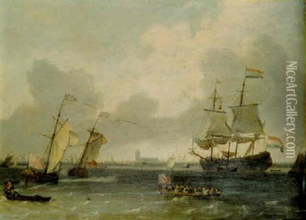 Warships And Other Shipping Off The Coast Of Amsterdam Oil Painting - Gerrit Pompe