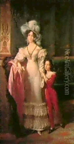 A Portrait Of Duchess Macmahon And Her Son Oil Painting - Francois Joseph Kinsoen