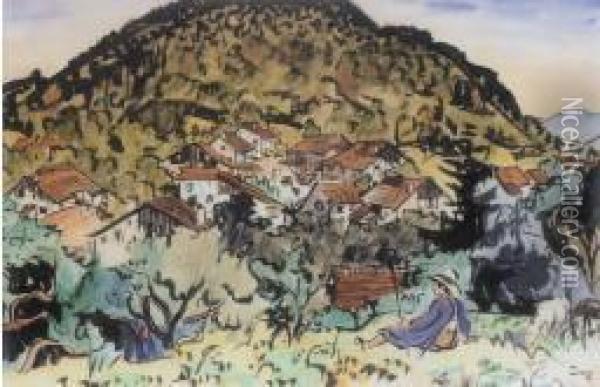 La Gardeuse De Troupeau Devant Le Village Oil Painting - Jules Emile Zingg