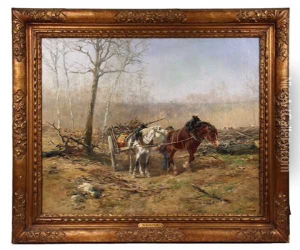 =clearing Land With A Dray Team Oil Painting - Leon Georges Calves