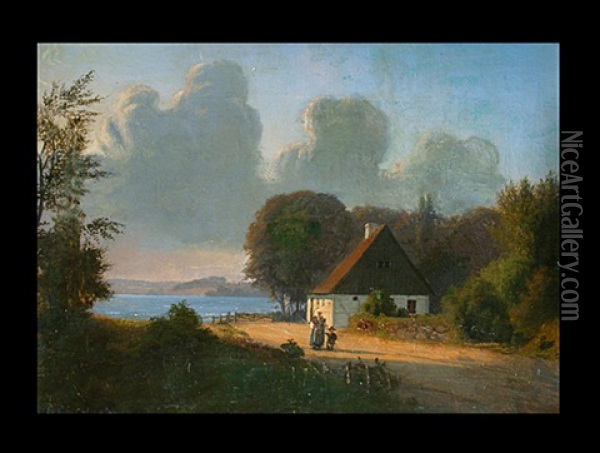 Mutter Mit Kind Vor Bauernhaus Am See Oil Painting - Anders Andersen-Lundby