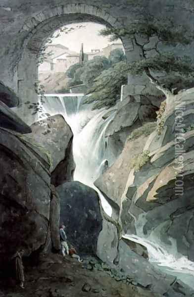 The Falls of Tivoli with three figures in the foreground Oil Painting - John Warwick Smith