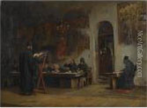 Refectory In A Greek Monastery (mount Athos) Oil Painting - Theodore Jacques Ralli