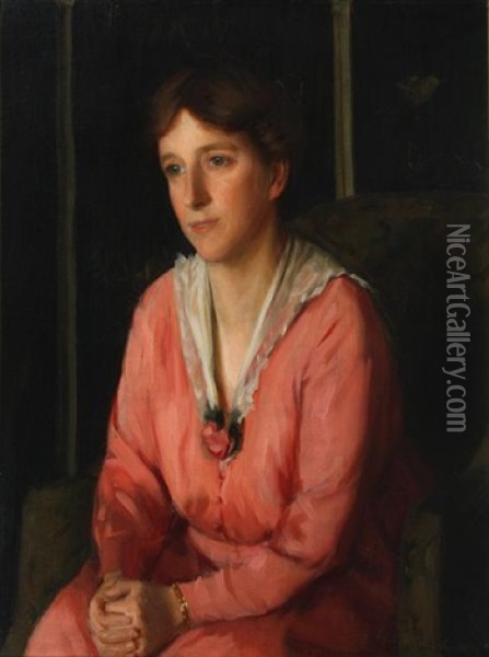 Portrait Of A Young Woman, Seated, Wearing A Coral Colored Dress Oil Painting - Felix Stone Moscheles