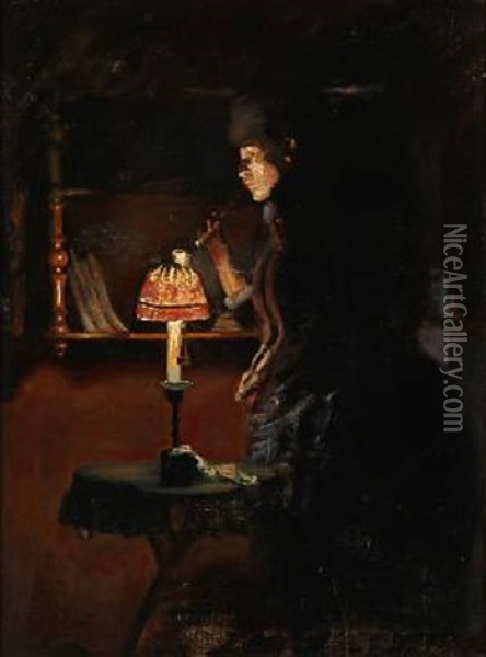 Interior With A Woman Who Lights Her Cigarette By A Lamp Oil Painting - Fridolin Hans Johansen