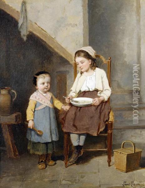 Sisters In A Kitchen Interior Oil Painting - Louis Simon Lassalle