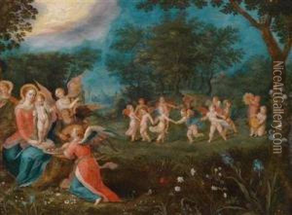 Maria Mit Dem Kind Und Musizierendenengeln Sowie Einem Engel Mit Einer Obstschale Oil Painting - Abraham Govaerts