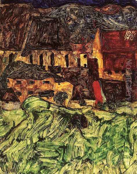 Meadow, Church and Houses Oil Painting - Egon Schiele