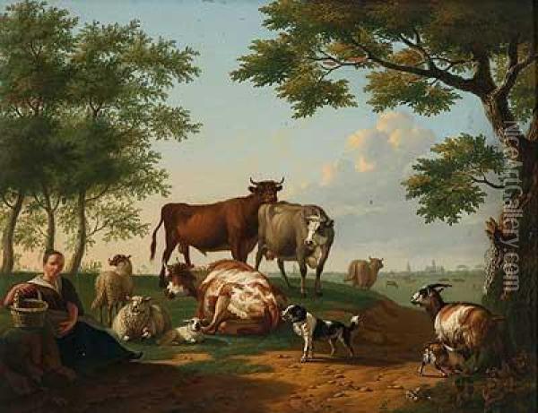 Rastende Bauerin Mit Vieh Am Weg Oil Painting - Jean-Paul Haag