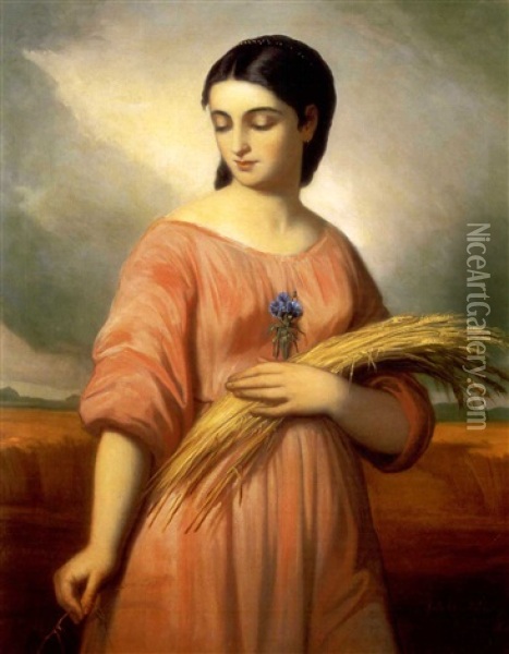 Fiatal Leany Buzaviraggal (young Girl With Wheat-ear) Oil Painting - Karoly Jacobey