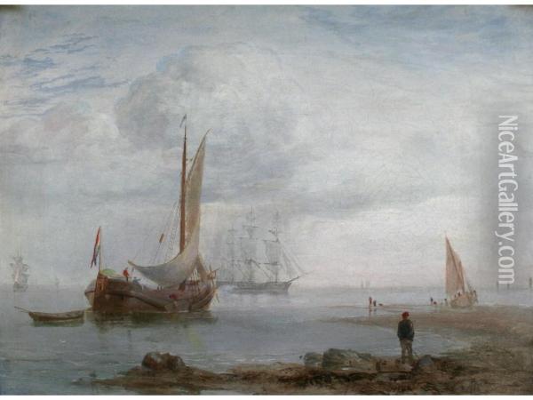 Coastal Scene With Vessels At Low Tide Oil Painting - John Wilson Carmichael