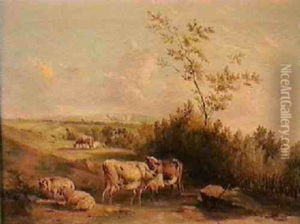 Cattle And Sheep By A Stream Oil Painting - Edmund Bristow