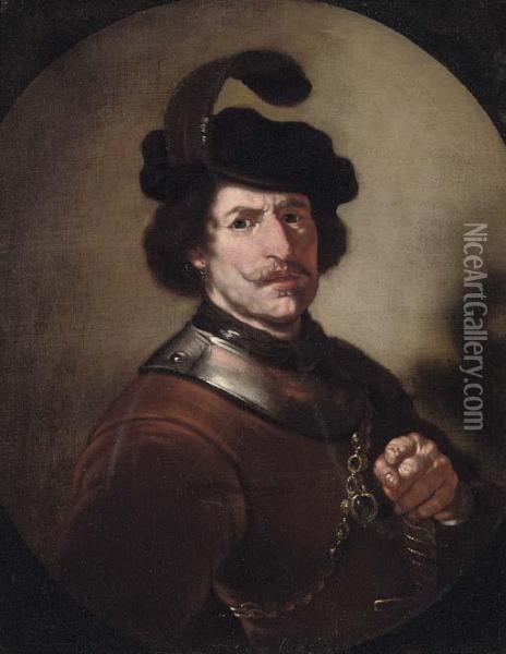 Portrait Of A Gentleman, Half-length, In Armour And A Plumed Hat Oil Painting - Rembrandt Van Rijn