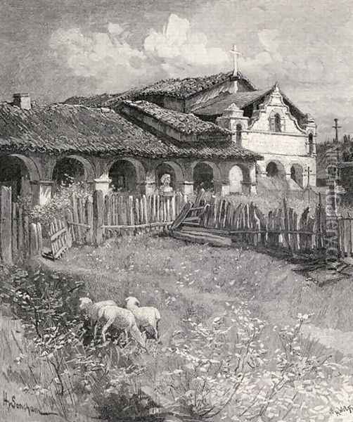 Mission San Antonio de Padua, Jolon, California, from the book The Century Illustrated Monthly Magazine, May to October, 1883 Oil Painting - Henry Sandham