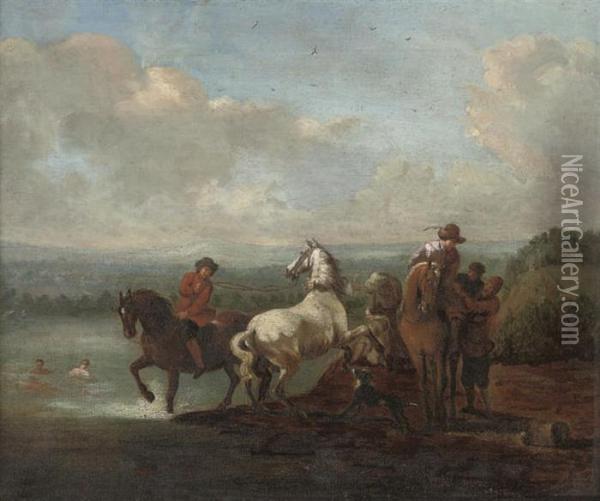 A River Landscape With Riders Breaking In A Horse Oil Painting - Pieter Wouwermans or Wouwerman