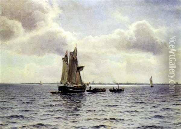 Marine Med Sejlskibe Og Bade, Kobenhavn I Horisonten Oil Painting - Holger Luebbers