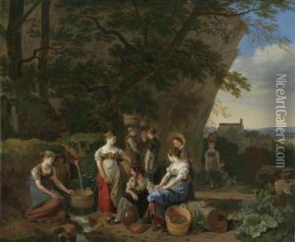 Jeunes Femmes Aupres D'une Fontaine Oil Painting - Wolfgang-Adam Toepffer
