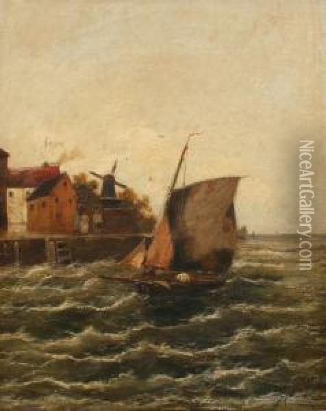Sailing Vessel Coming Into A Stormy Port Oil Painting - Georg Fischof