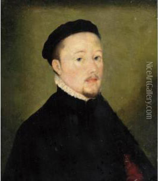 Portrait Of A Man, Bust Length, Wearing A Black Overcoat And A Beret Oil Painting - Corneille De Lyon