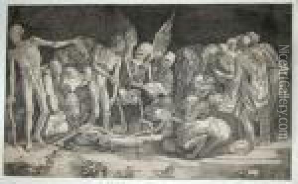 <les Squelettes>, 1518. Gravure D'apres
Baccio Bandinelli Oil Painting - Agostino dei Musi