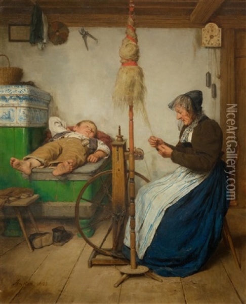 A Grandmother At A Spinning Wheel And A Sleeping Boy On An Oven Bench Oil Painting - Albert Anker