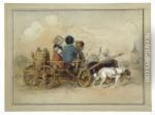 Drei Kinder In Einem Von Hundengezogenen Leiterwagen Oil Painting - Adrian Ludwig Richter