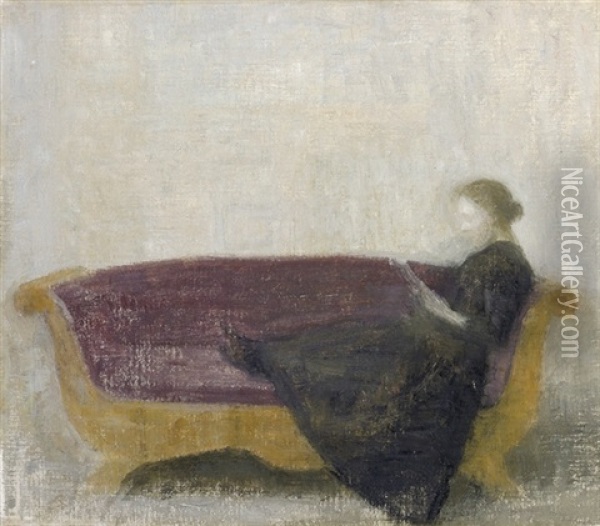 Laesende Dame I Sofa - Reclining Lady On A Sofa Oil Painting - Vilhelm Hammershoi