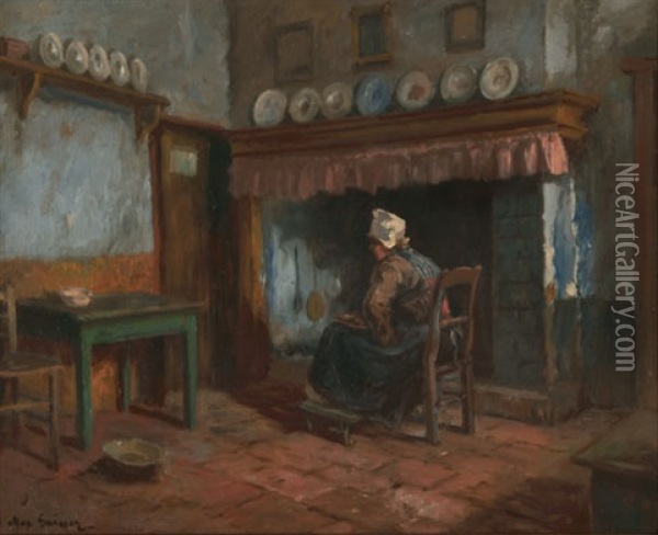 Sitzende Am Kamin Oil Painting - Max Gaisser