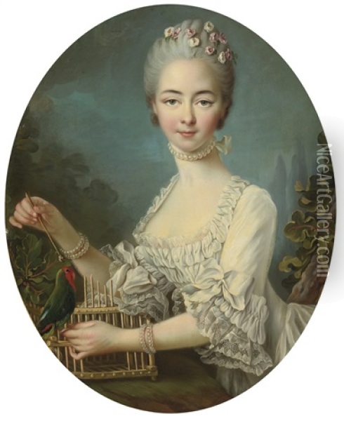 Portrait Of A Lady, Said To Be Mademoiselle De Forges (collab. W/studio) Oil Painting - Francois Hubert Drouais