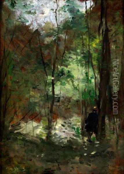 Waldinneres Mit Einem Mann Am Baum Gelehnt In Blauem Mantel Mit Gelbem Hut Oil Painting - Antoine Vollon