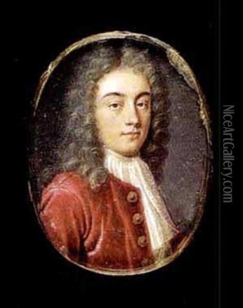 A Gentleman, Wearing Red Coat, White Cravat And Long Powdered Wig Oil Painting - Benjamin Arlaud