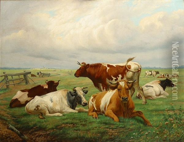 Koeien In De Weide Oil Painting - Jef Louis Van Leemputten