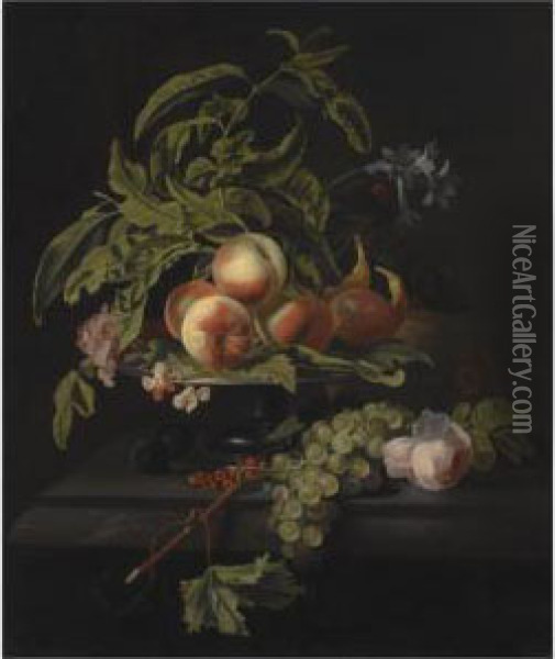 Still Life With Peaches And Figs
 On A Pewter Platter, Grapes And A Rose On The Marble Ledge Beneath Oil Painting - Simon Pietersz. Verelst