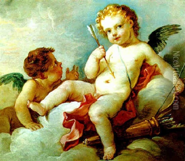 Amor Und Amoretten Auf Einer Wolkenbank Sitzend Oil Painting - Charles Joseph Natoire
