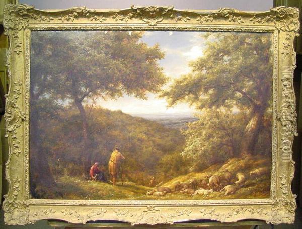 Shepherds And Their Flock At Rest Oil Painting - William Linnell