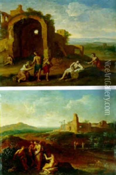 Arcadian Landscape With Nymphs And Shepherds By Classical Ruins Oil Painting - Gerard Hoet the Elder