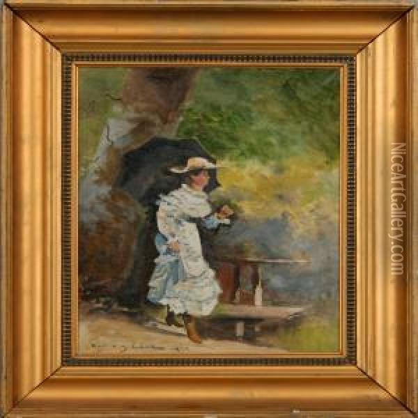A Strolling Woman With A Sunshade. Signed Carl O. J. Lund 1917 Oil Painting - Carl Ove Julian Lund