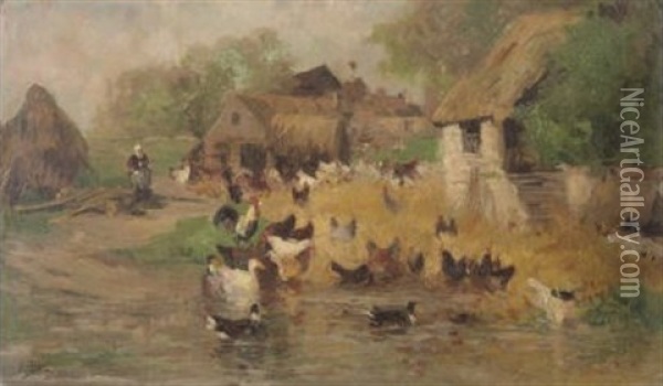 Poules Et Canards Dans Une Cour De Ferme Oil Painting - Edouard Pail